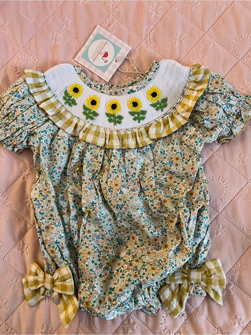 NWT Sunflower Smocked Floral Baby Romper by The Smocked Flamingo
